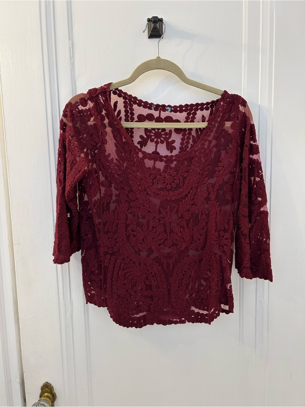 Anthropologie Burgundy Lace Floral Scoop-Neck Blouse